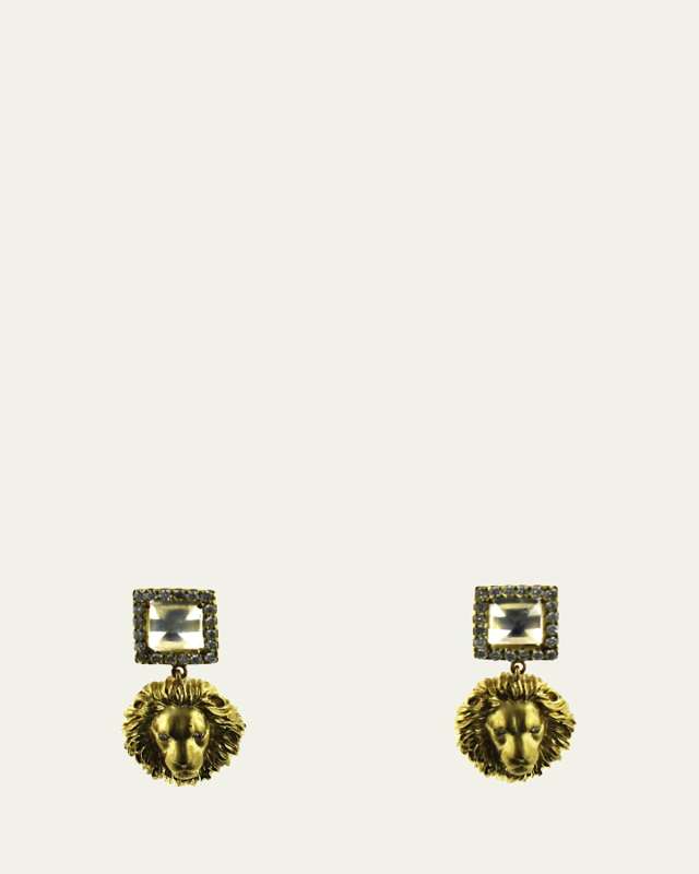 18K Gold Pyramid-Cut Moonstone Lion Head Earrings with Diamonds